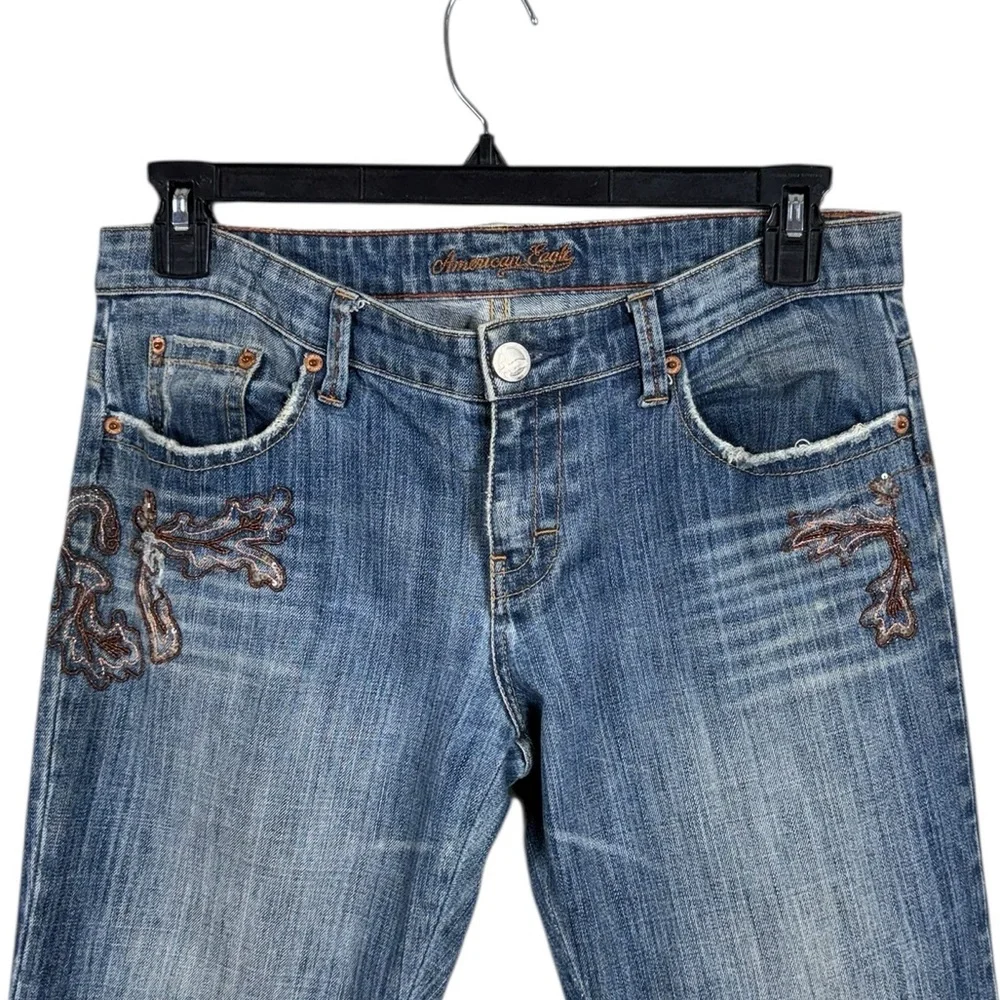 Vintage Y2K American Eagle Embroidered Flare Jeans Size 8‎ Low Rise Hippie Boho